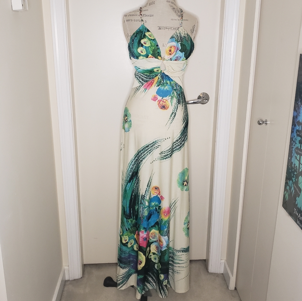Vintage Cream Maxi Dress with Teal, Green and Pink Floral Accents